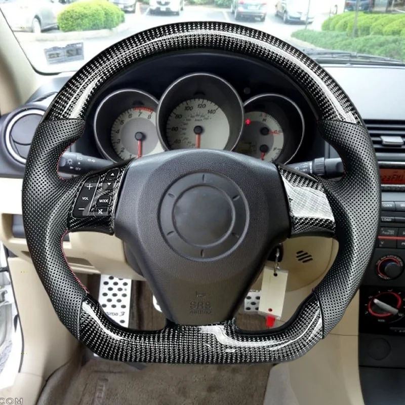 

Real Carbon Fiber & Leather Flat Bottom Steering Wheel for Mazda 3 5 6 2003-2009 - Sport Direct Fit + Red Stitching