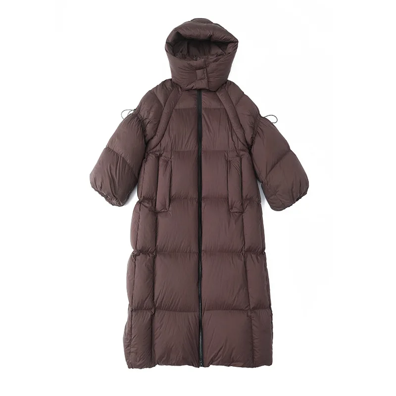 Luxury High Quality Winter Down Jacket Women A-line White Duck Down Puffer Jacket Thicken Long Coat Hooded Windproof Trench Coat