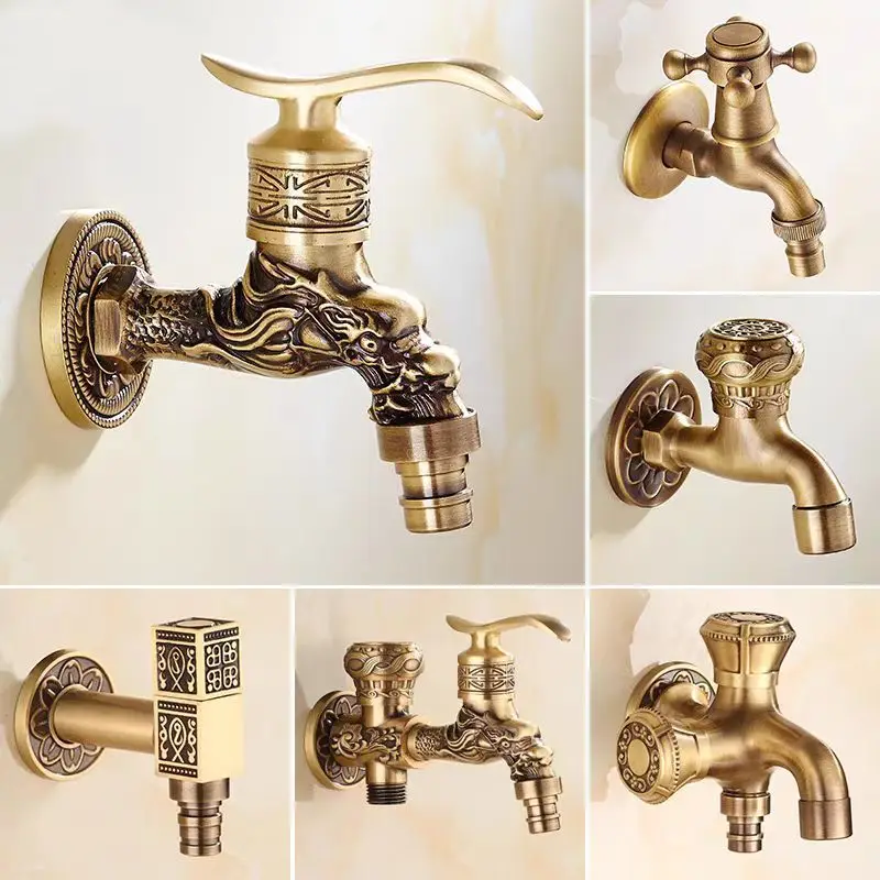 Antique Copper Wall‑Mounted Quick‑Open Faucet, 4‑Point Thread Single‑Cold Foldable Tap for Washing Machine Kitchen & Outdoor Use
