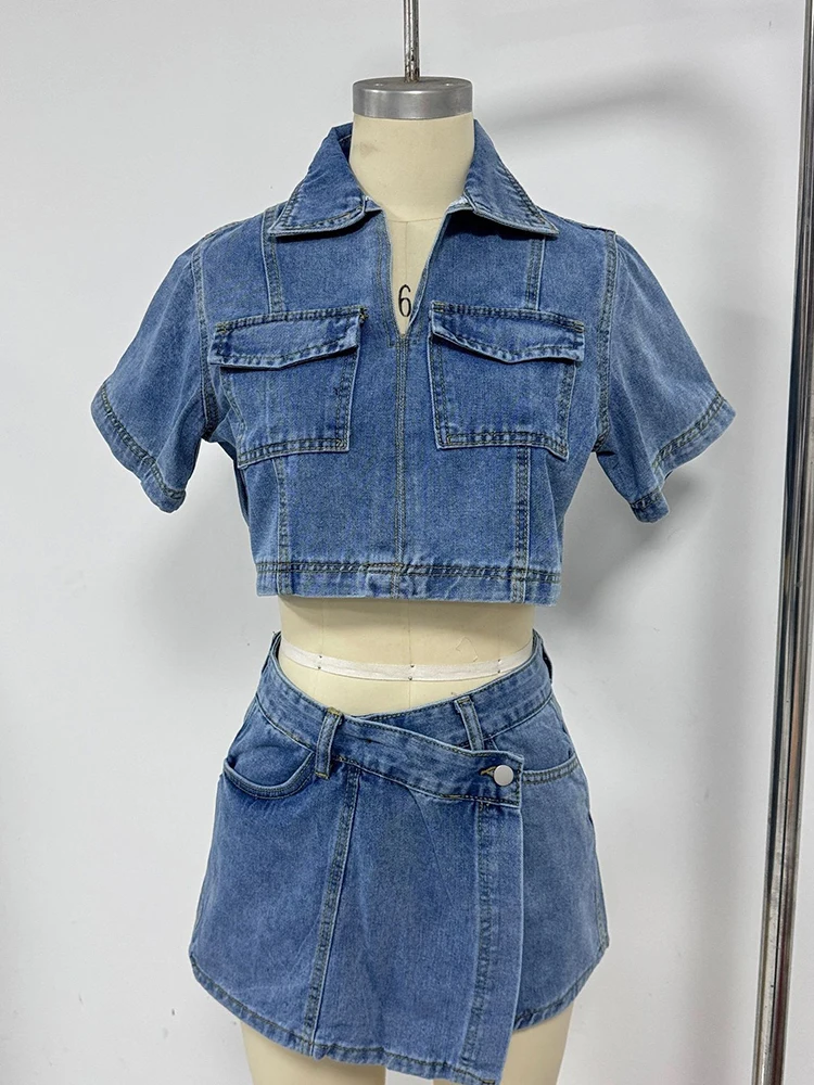 Conjunto de dos piezas de falda vaquera urbana para mujer, jersey de manga corta con cuello en V, Top + media minifalda vaquera Irregular de cintura alta, primavera