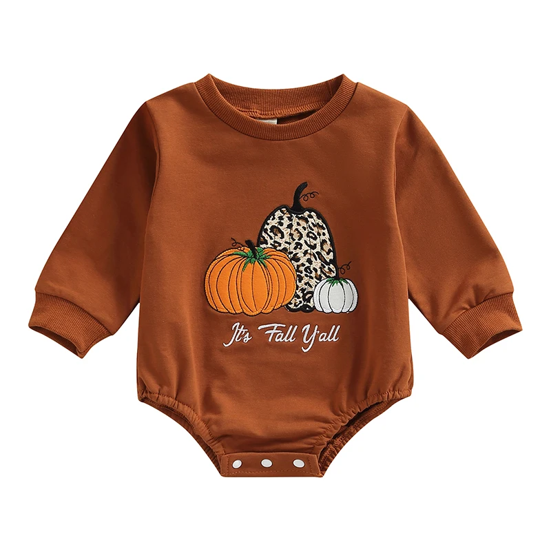 

0-18Months Baby Boys Girls Fall Clothes Halloween Rompers Long Sleeve Crew Neck Embroidery Pumpkin Patchwork Casual Bodysuit