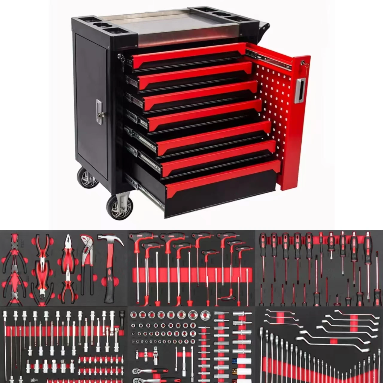 Seven-Drawer Lockable Red Steel 279pcs Tool Set Heavy Iron Toolbox for Auto Repair Workshop OEM/ OBM