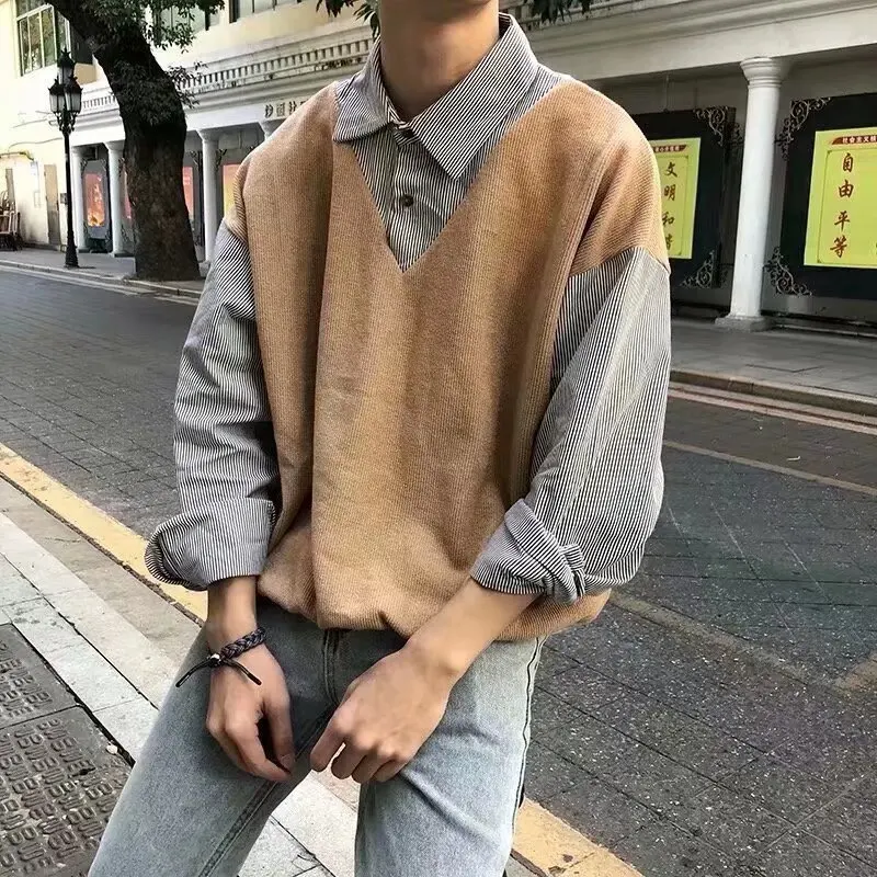 Spring and Autumn Korean Version Trendy Fake Two-piece Long-sleeved Shirt Collar Sweater Men's College Style Student T-shirt