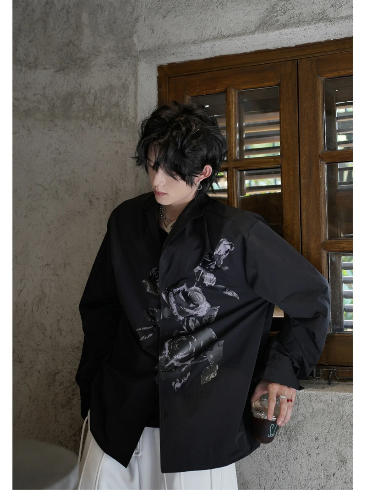 Spring Autumn New Personality Gothic Dark Rose Long Sleeve Leisure Shirt Men's American Fashion Handsome Chic Versatile Shirts