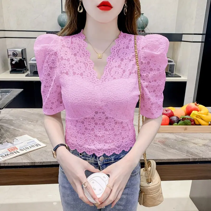 Blouses Women Elegant Design V-neck Leisure Popular Mature Summer Ladies Streetwear Ulzzang Sexy Charming Lace Holiday Fashion