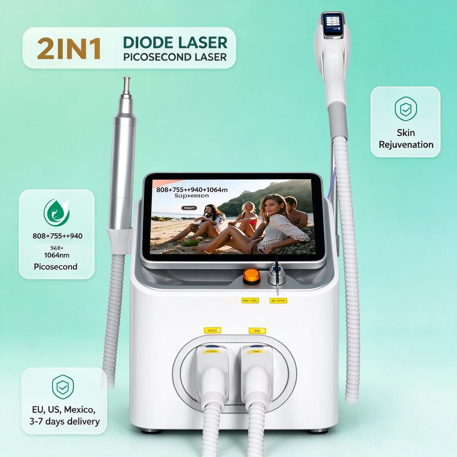 Diode laser Soprano 2 IN 1 Professional 4 Wave 808 Permanent Painless Hair Removal Picosecond Tattoo Removal Machine 10Bars