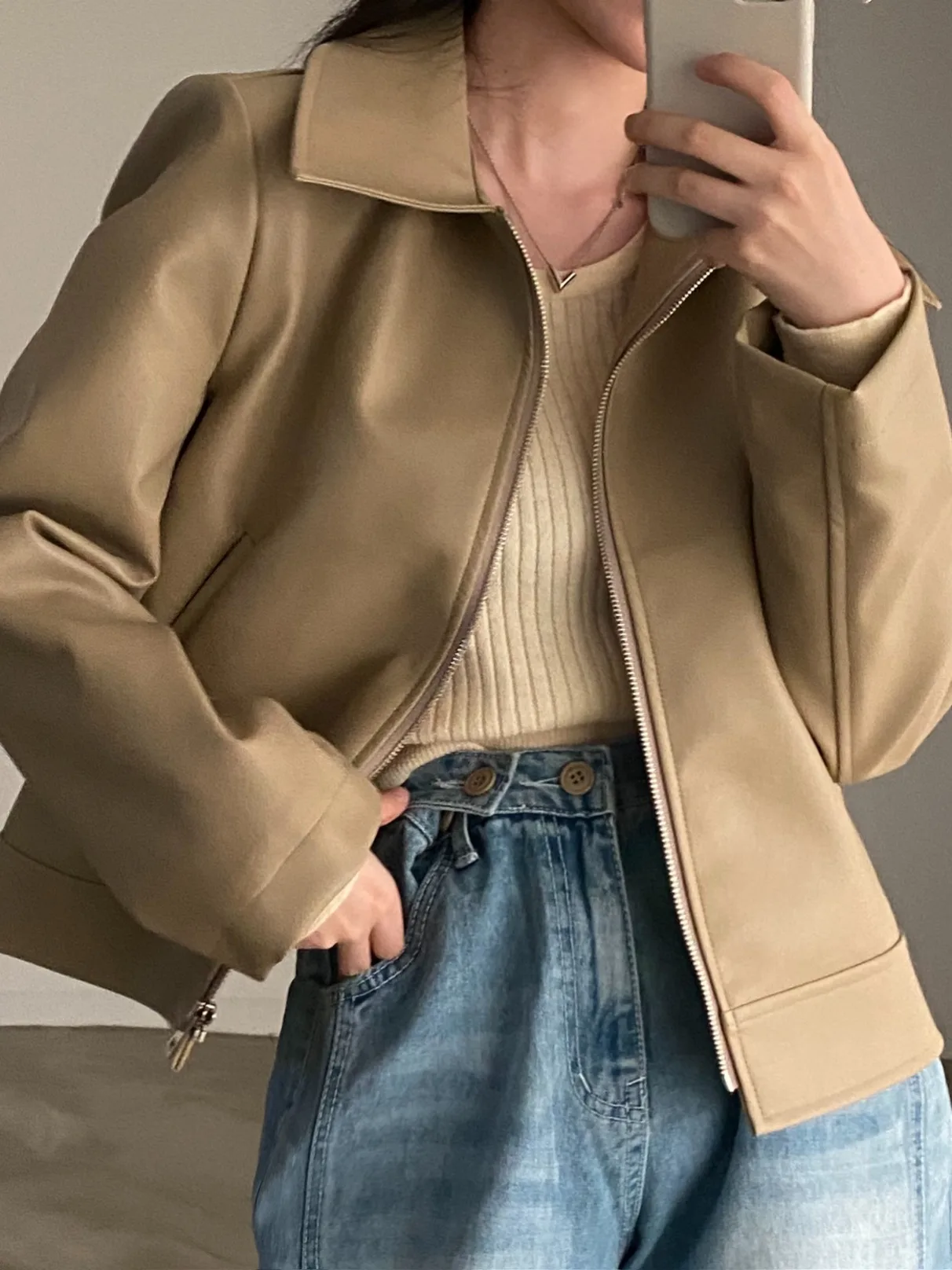 معطف نسائي من الجلد من Cool Girl Jaet فضفاض مناسب بياقة بسحاب لراكبي الدراجات النارية ملابس خارجية للخريف والشتاء معطف كاجوال أنيق