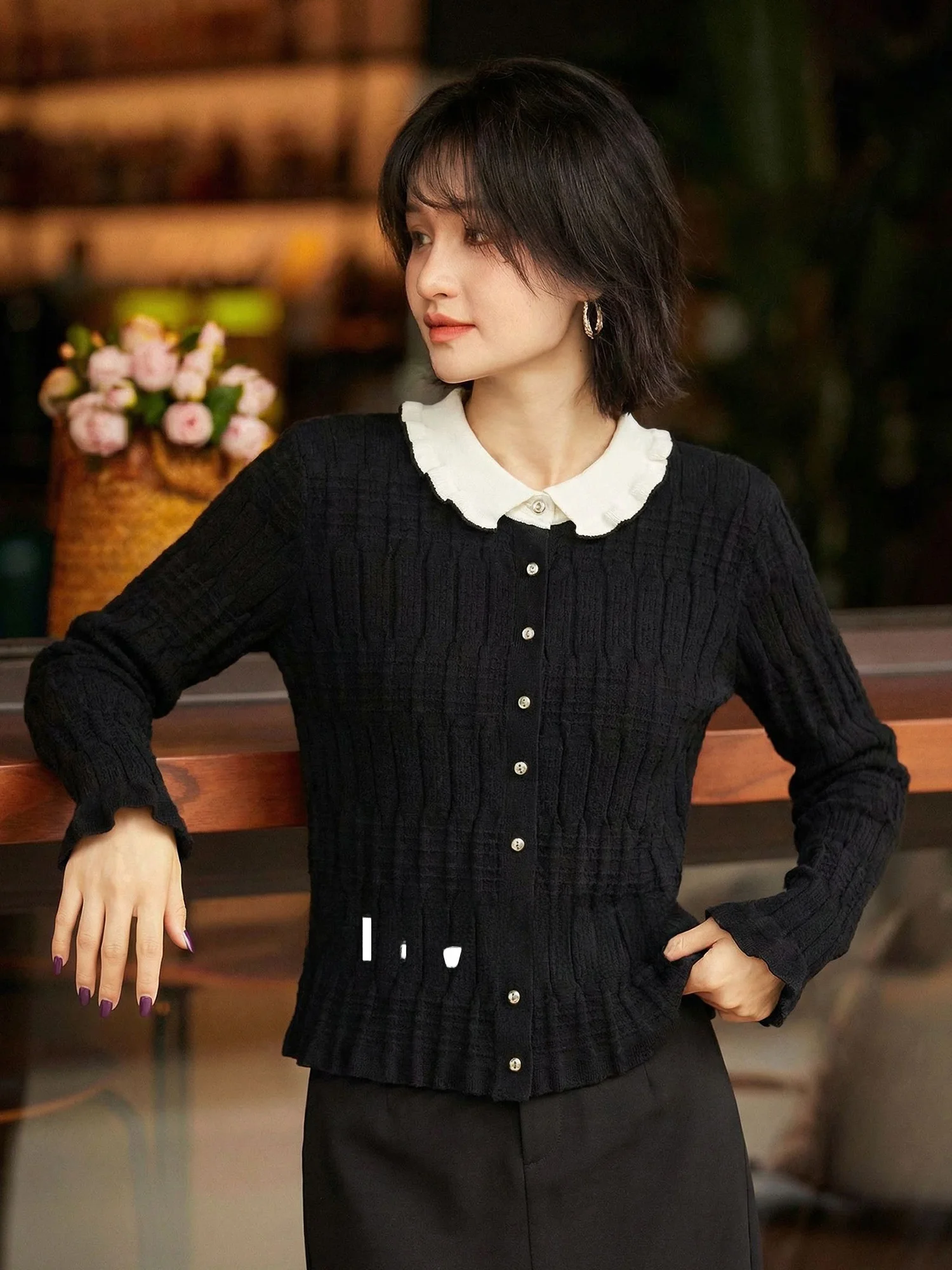 

Chivirin Ruched Long Sve Knitwear Casual Ele College Sle Loose Fit Bla Women's Top for Spring Season