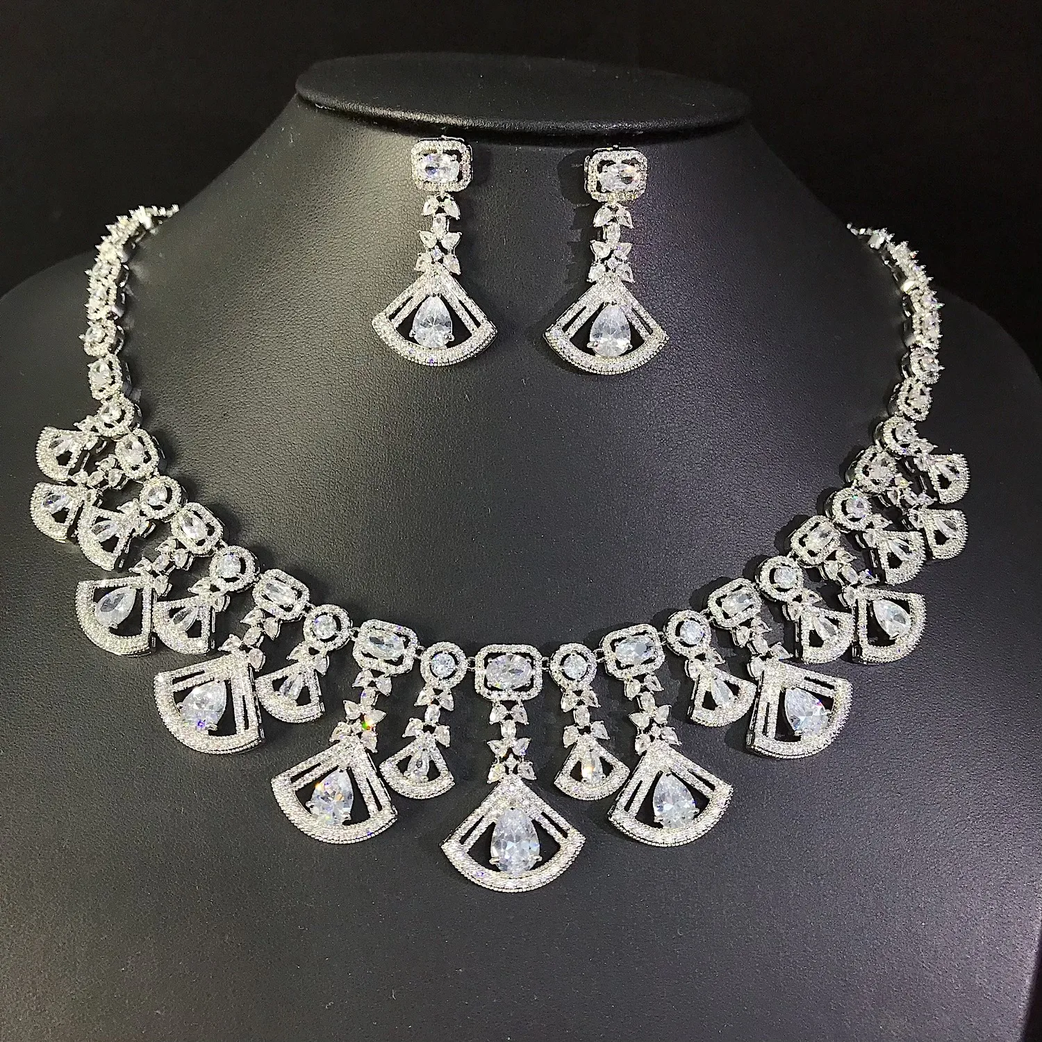 Bridal Jewelry Set Geometric Fan Teardrop Zircon Necklace Drop Earrings, Square Cut Linked CZ Stones for Wedding Evening Party