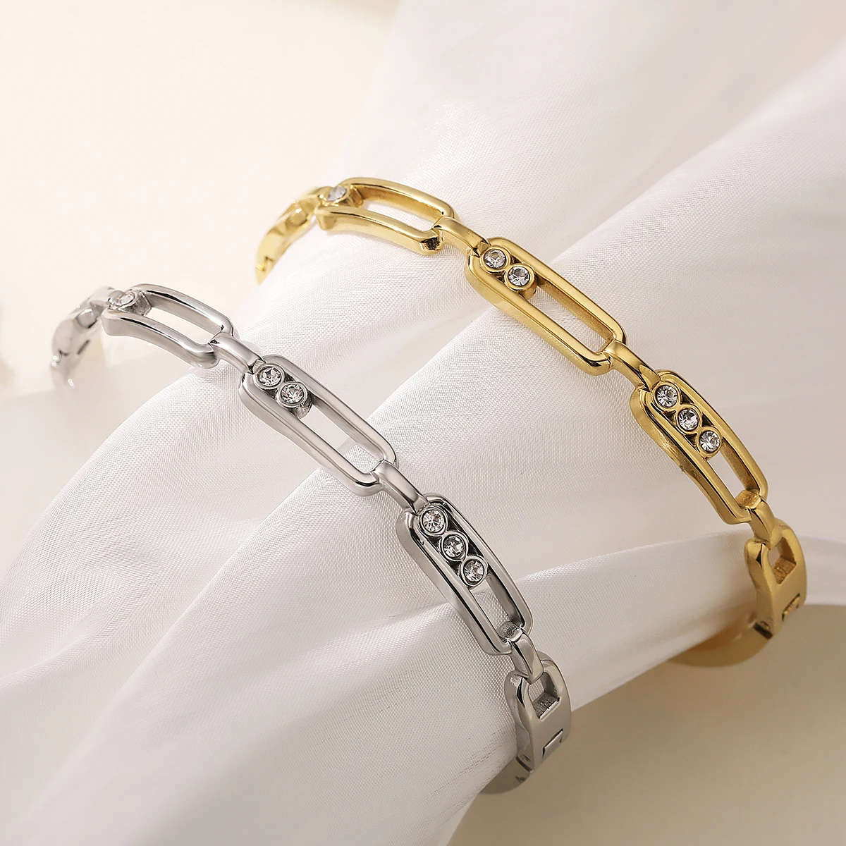 Ins Style CZ Inlaid Paperclip Bracelet Stainless Steel Gold/Silver Plated Minimalist Trendy Women Jewelry