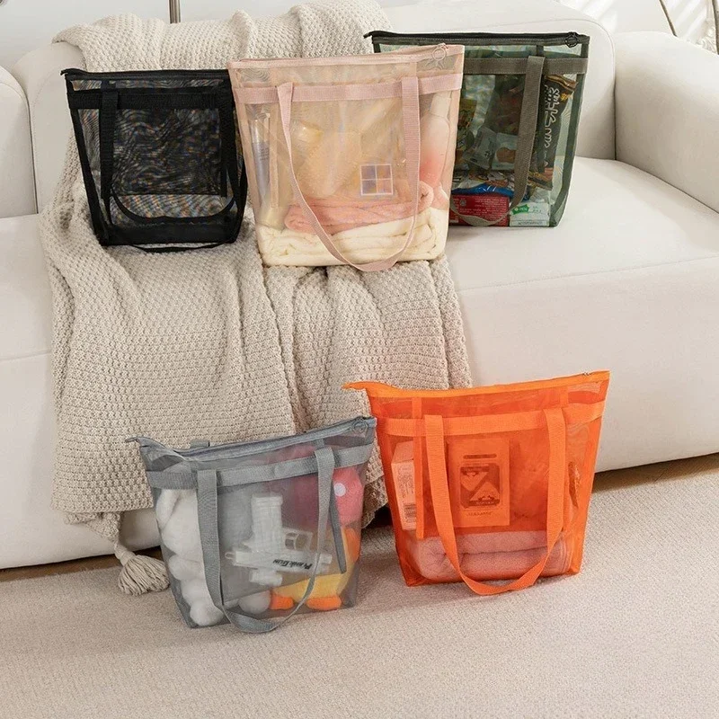 Popular 1PCS Portable Mesh Handbag with Large Capacity Nylon Mesh Storage Bag, Shopping Bag, Outdoor Beach Swimming Shoulder Bag