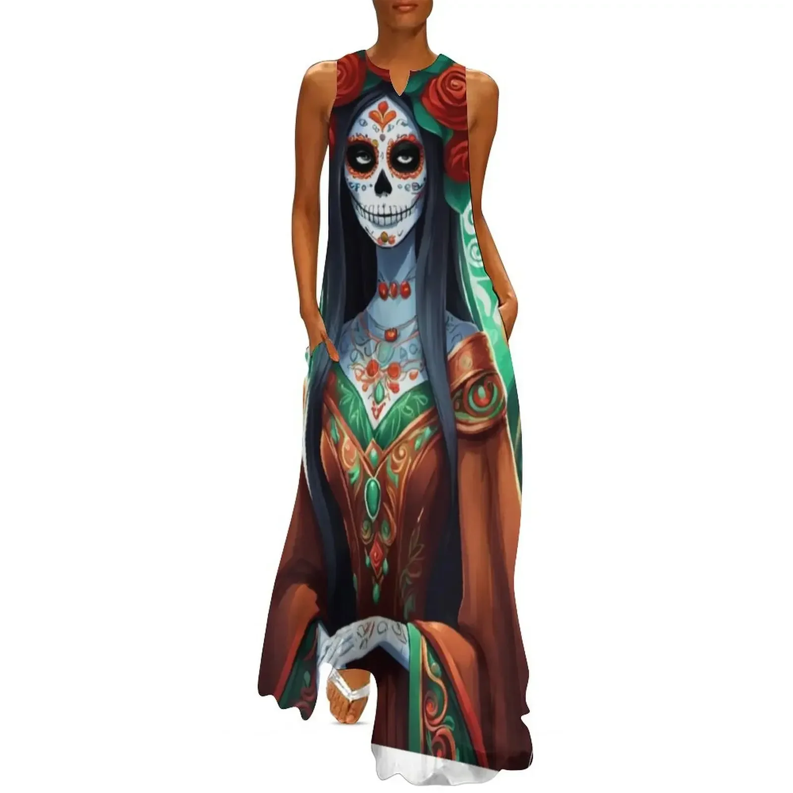 

Dia de los Muertos Brunette Lady with Brown Gown Long Dress womens dress loose women's dress