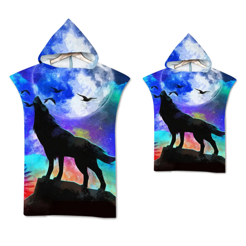 Wolf großes Strand tuch Badet uch schnell trocknende Handtücher Kapuzen mantel Neopren anzug erwachsenes Kind Eltern-Kind Poncho Bademantel zum Schwimmen Surfen – Detail 10