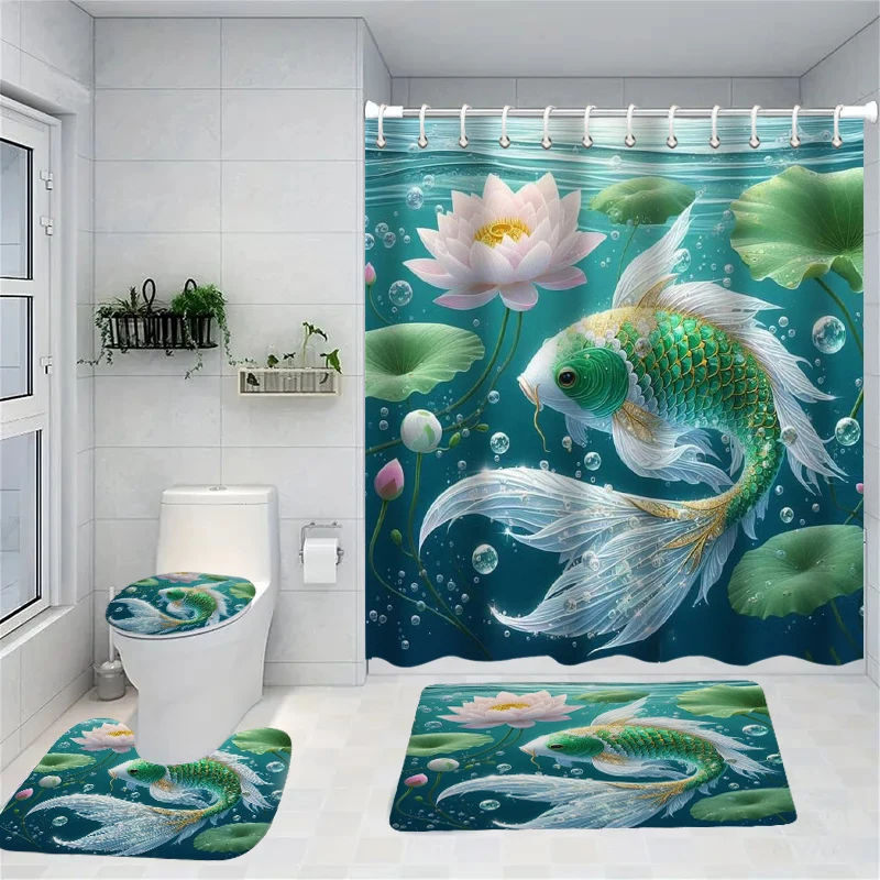 

Fishes Shower Curtain Animal Bath Sets Waterproof Non-Slip Bathroom Rug Toilet U With 12 Hooks Home Deco
