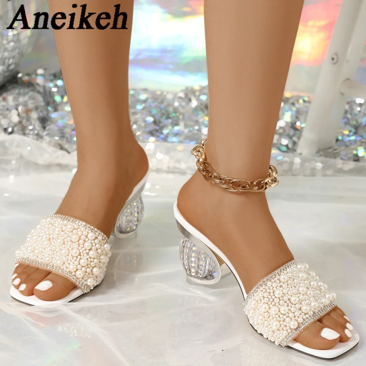 Aneikeh White Pearl Shiny Sandals Slippers Women Transparent Thick Bottom Party Dress Mules High Heels 2026 Summer Heeled Beach image 3