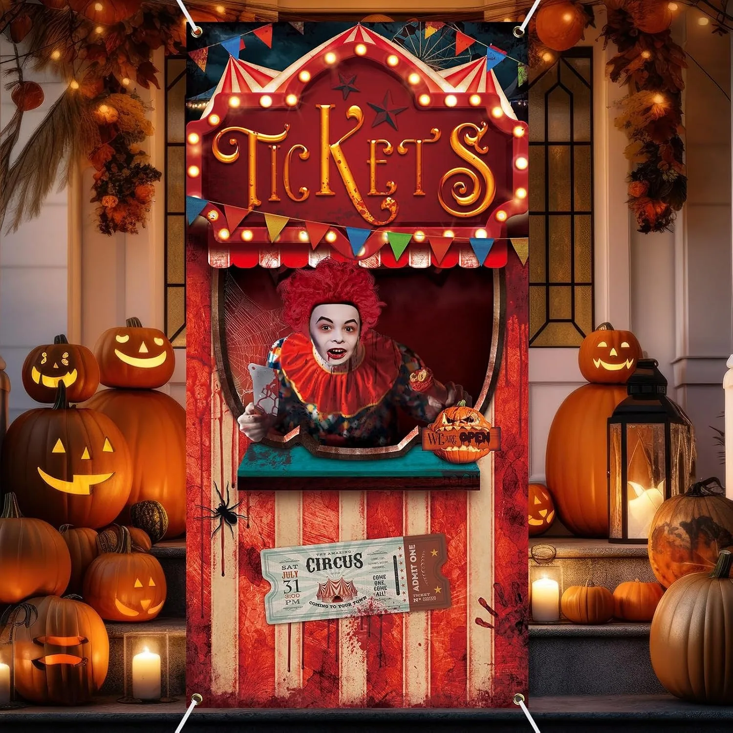 1 Stück Halloween Gruseliger Karneval Foto-Booth-Türbanner Gruseliger Zirkus-Ticketstand Foto-Requisiten-Hintergrund Böser Killer-Clown Türabdeckung