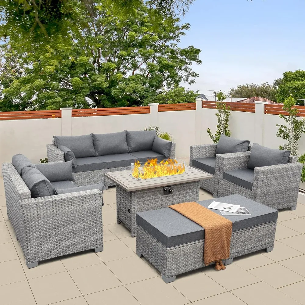 

Patio Furniture Set Gray Rattan 7 Pieces Outdoor Sectional Sofa PE Wicker Conversation Chairs with Propane Fire Pit Table