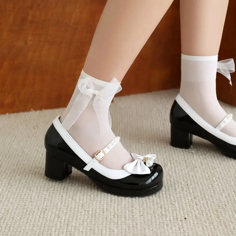 ORCHALISA Patent Leather Girls Pumps 33 Round Toe Block Heel Buckle Strap Bowknot Beads Mixed Color Big Size 47 48 Sweet Lolita