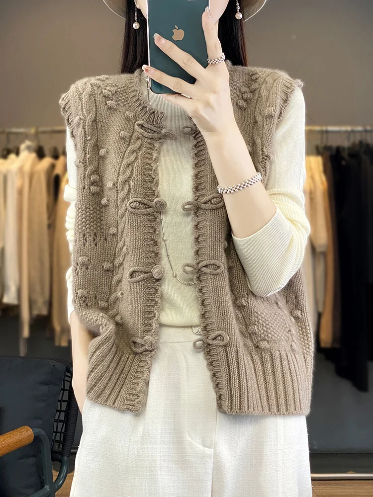 Women's Waistcoat Cardigan Sweater Cashmere Autumn Winter 100% Merino Wool Knitted Chinese Style Buttons Vintage Sleeveless Vest