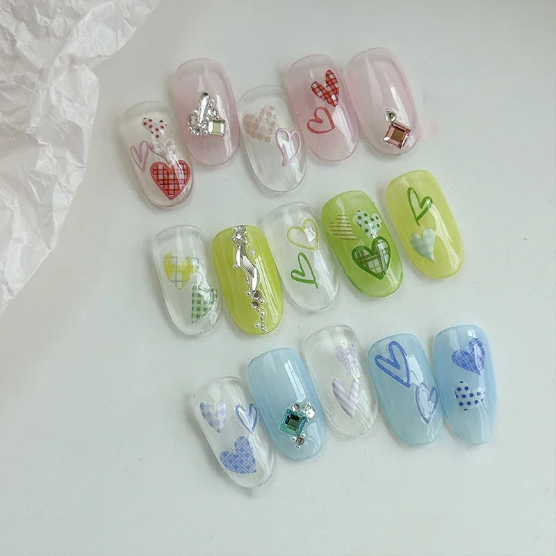 Cute Jelly Like Nail Stickers Pink Blue Green Spring Fresh Nail Art Irregular Heart Checkerboard Self Adhesive Nail Accessories