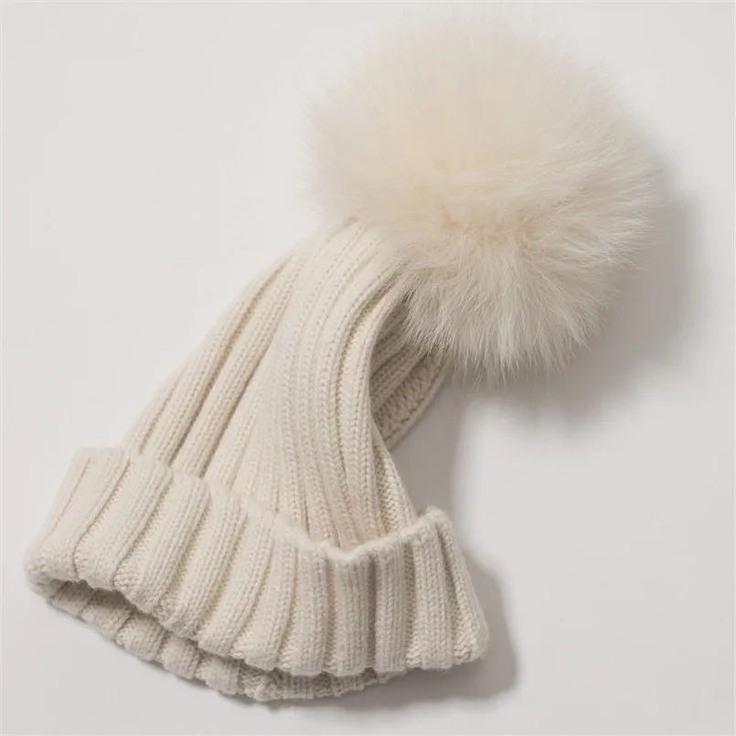 Winter Thick Soft Real 100% Pure Cashmere Knitted Women Hat With Real Fox Fur Pompom