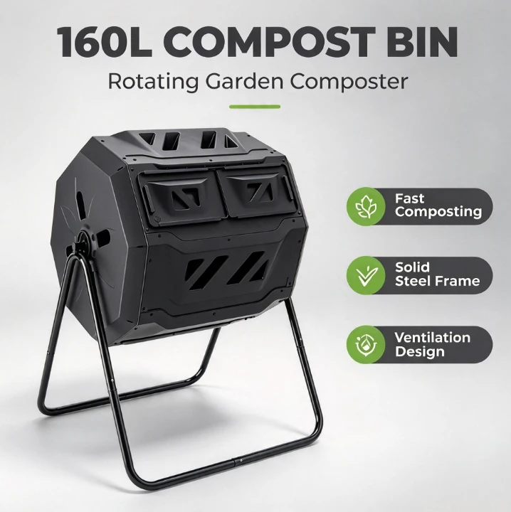 160L Garden Compost Bin Outdoor Yard Waste Leaf Tumbler Rotating Organic Fertilizer Fermentation Bucket Kitchen Food Scrap