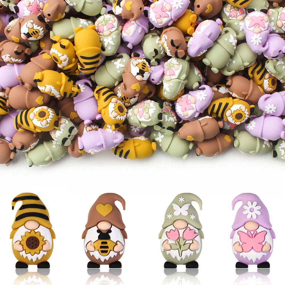 Image of 5/10/20/50PCS 3D Gnome Silikon Fokal Perlen Frühling Sonnenblume Schmetterling Tulpe Designs Lose Gummi Perlen für Schmuck Machen