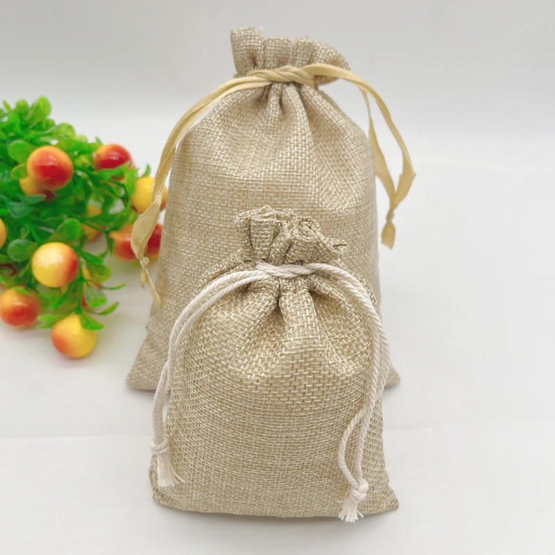 100pcs Handmade Jute Storage Bags Sack Jute Gift Bag Linen Burlap Jute Pouches Webbing Gift Packaging Bags Drawstring Jute Bag