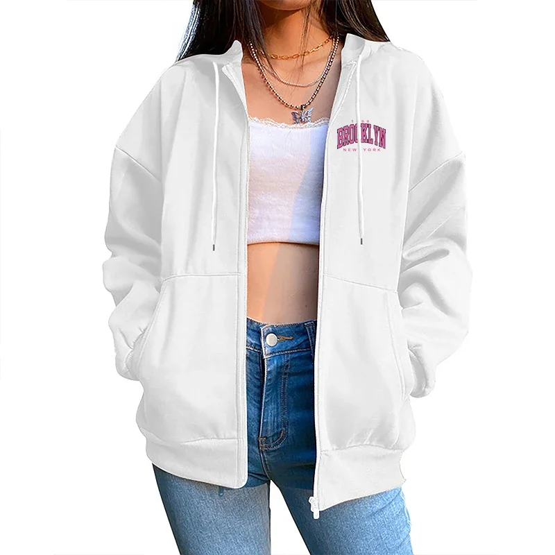 2025 الاتجاه الجديد المرأة سترات بأكمام طويلة جودة عالية بروكلين سحاب مطبوع هوديس الخريف السيدات الحضرية بلوزات على الموضة غير رسمية