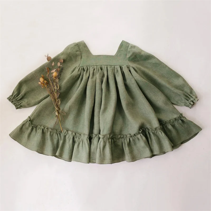 Toddler Girls Dress Spring Baby Girl Dress Ruffles Long Sleeve Linen Cotton Tutu Skirt Dress Baby Girl Clothing For 1-5 Years