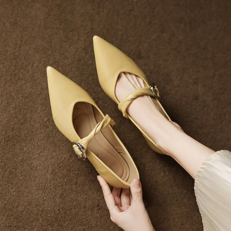 French Low-heeled Women's 2026 Autumn New Pointed Toe Shallow Mouth One-line Buckle Small Single Shoes
