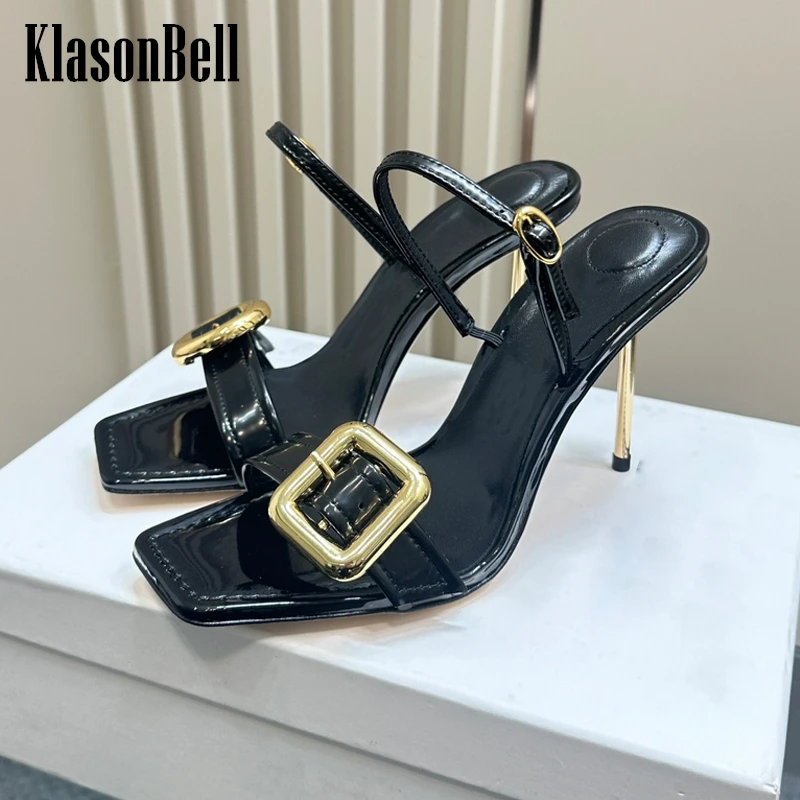 

4.7 KlasonBell Genuine Leather Metal Button Square Toe Shoes Women Temperament All-matches Peep Toe Thin High Heels Sandals