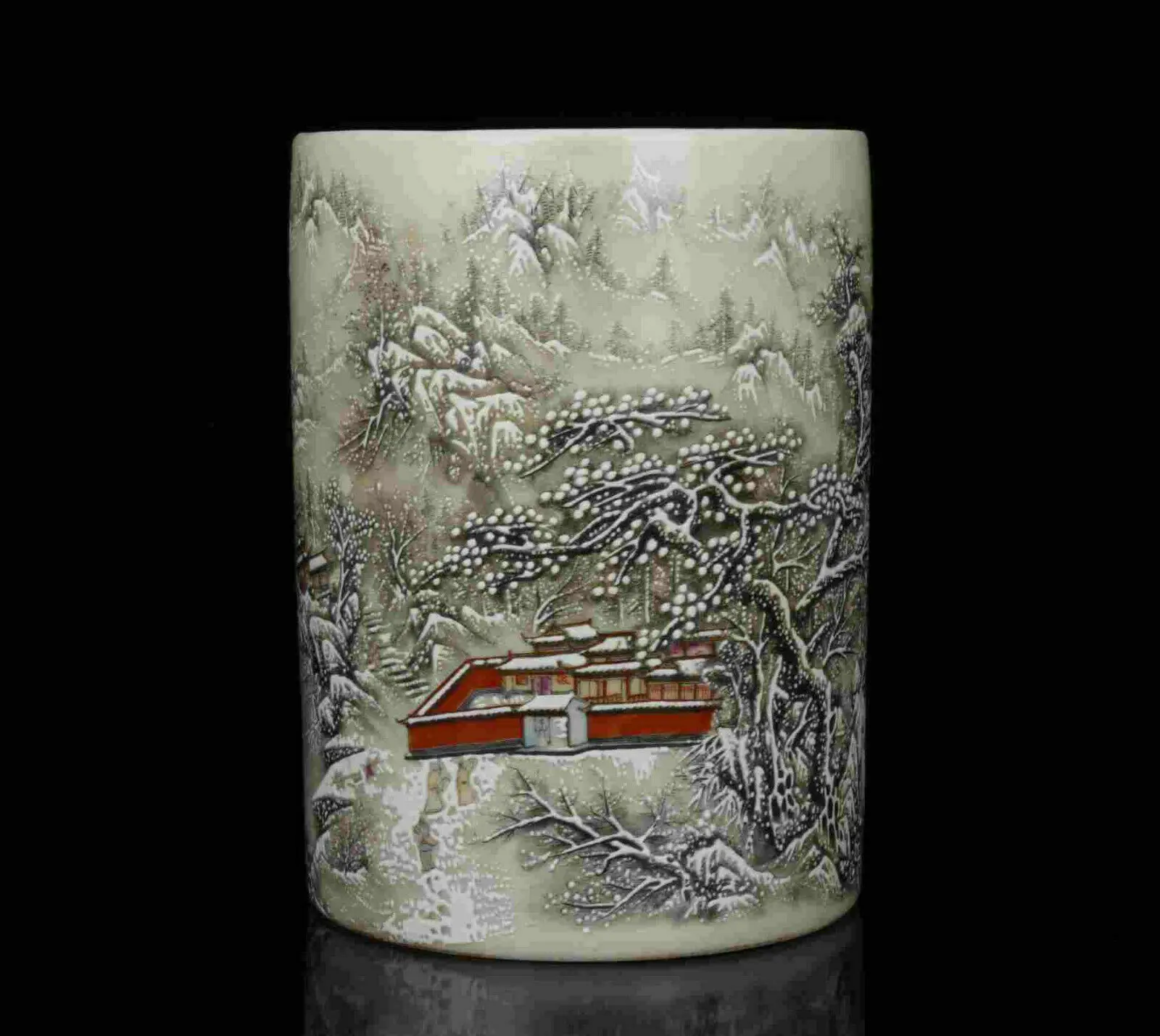 China Old Collectible Hand- Painting Snow-Covered Landscape Porcelain Brush Pot