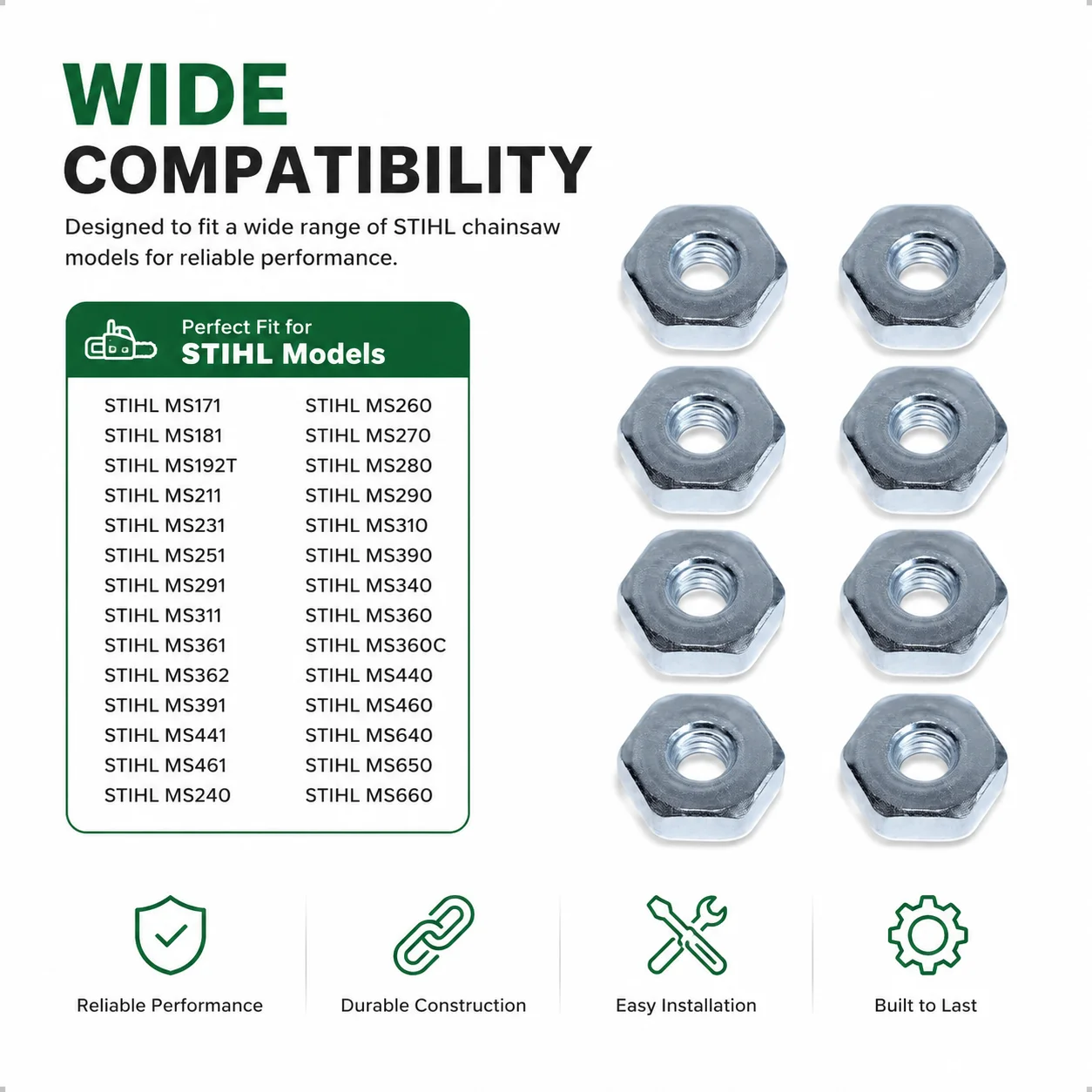 8Pcs Bar Nuts Kit for STIHL MS240 MS260 MS270 MS280 MS290 MS310 MS390 MS340 MS360 MS360C MS440 MS460 MS640 MS650 MS660 Saw Parts