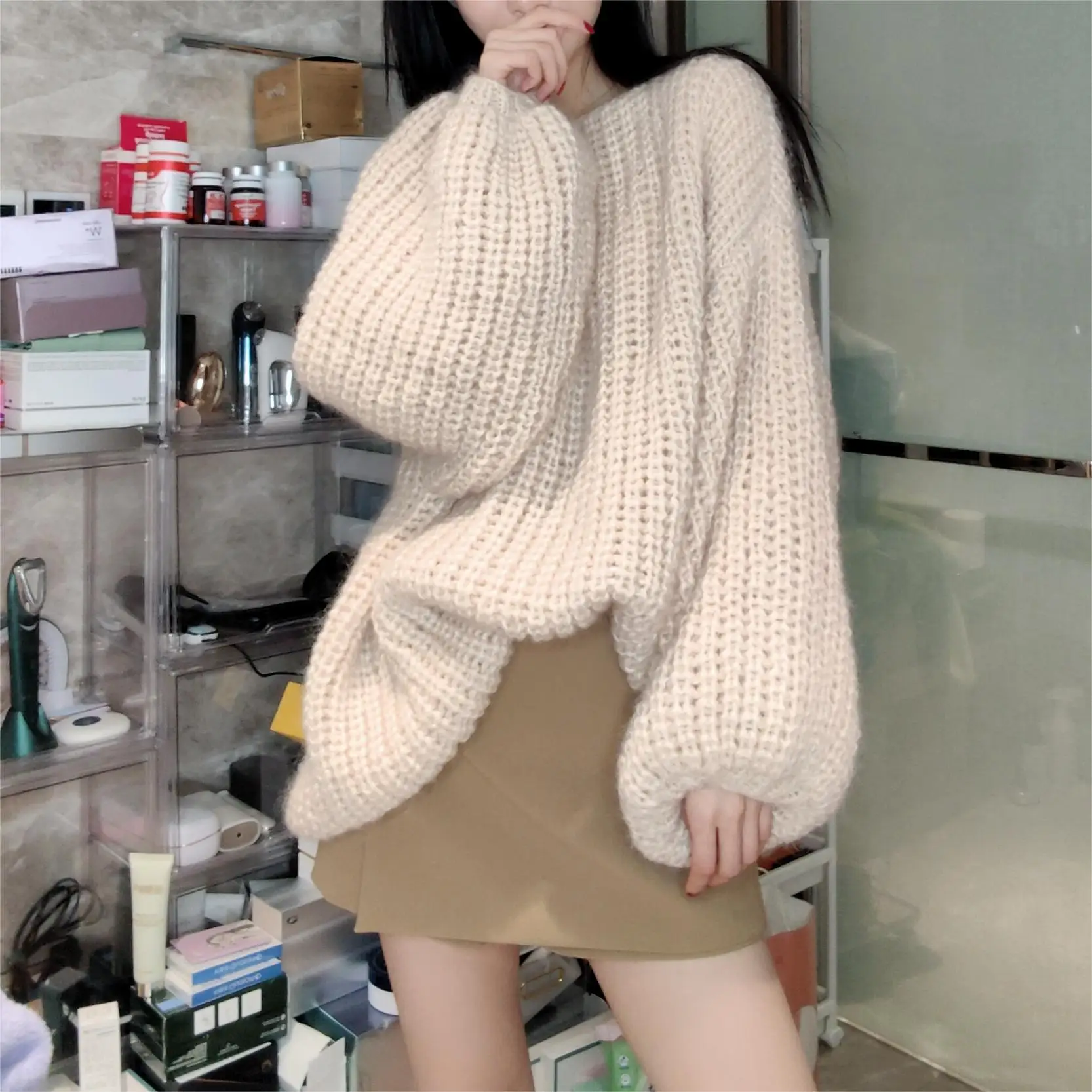 2024 Autumn Fashion New Celebrity Style One neckline Women's Pure Wool Needle Handwoven Beige Sweater Knitted Sweater Pullover W