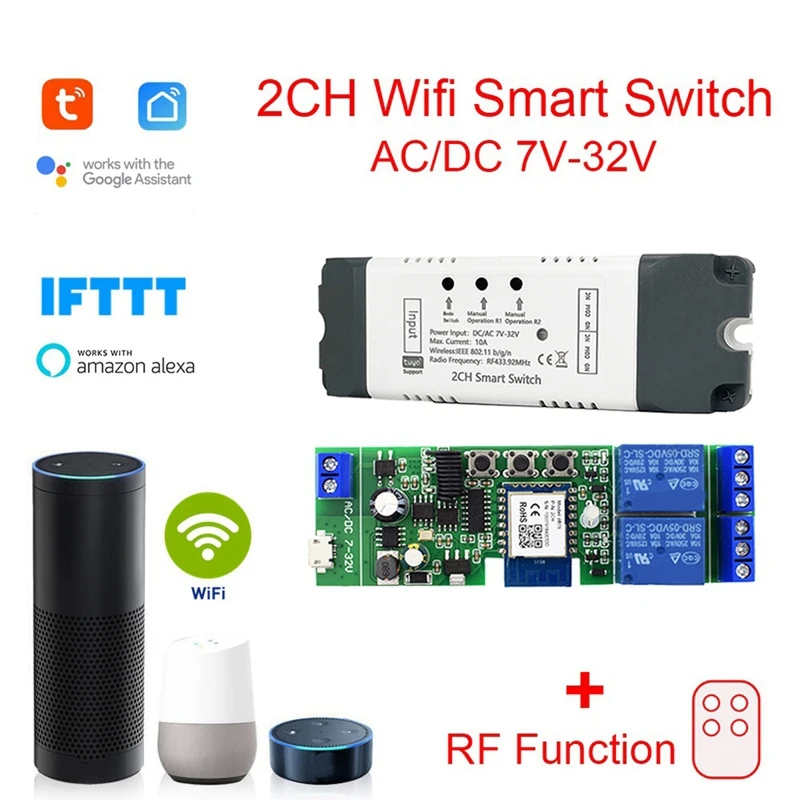 

1 шт. релейный модуль переключателя Wi-Fi Tuya, 2 канала, переменный/постоянный ток, 7-32 В, RF/APP, умный дом для Alexa Google Home