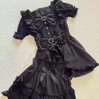 Jirai Kei Dark Sweet Lolita Mini Dress Women Bowknot Lace Puff Corset Heart Ruffle Cake Skirt Japanese Kawaii Harajuku Fashion 3