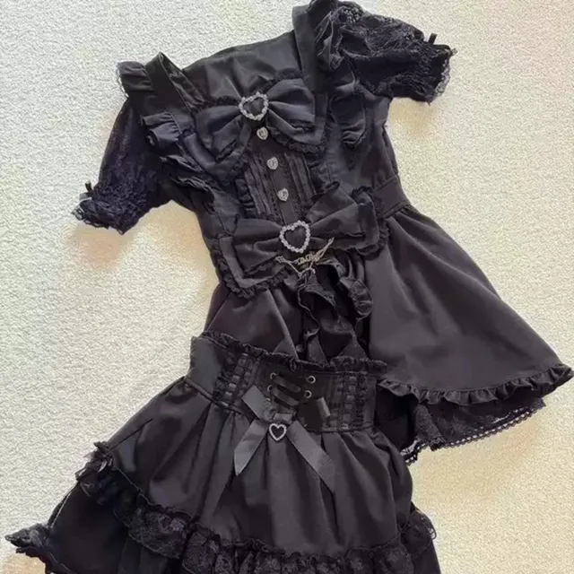 Jirai Kei Dark Sweet Lolita Mini Dress Women Bowknot Lace Puff Corset Heart Ruffle Cake – view 3