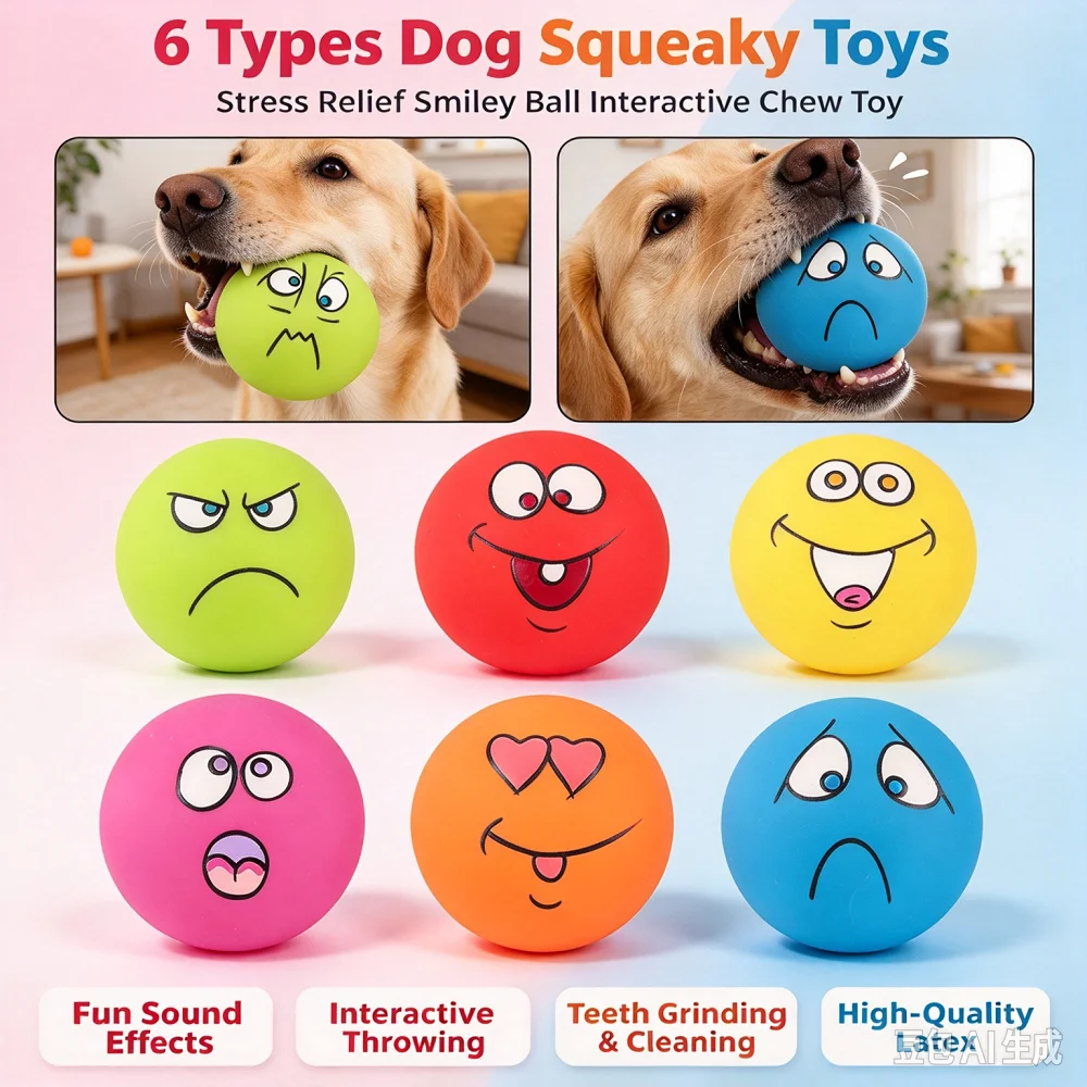 6-Types Rubber Dog Squeaky Toys Anti Stress Smiley Laugh Face Pinch Foam Pressure Expression Soft Ball Interactive Chew Toys