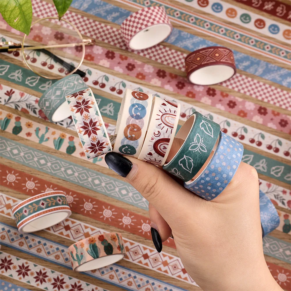 20 لفات من أشرطة اشي البوهيمية الملونة بتصميم عرقي عتيق مجموعة شريط ورقي غير مقاوم للماء لمستلزمات مخطط المجلات