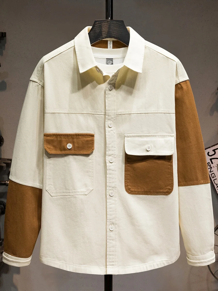 

Loose Cotton Patchwork Casual irt Jaet Men's 2025 New Color Blo Collar Design Long Sve Breathable round Hem Performance