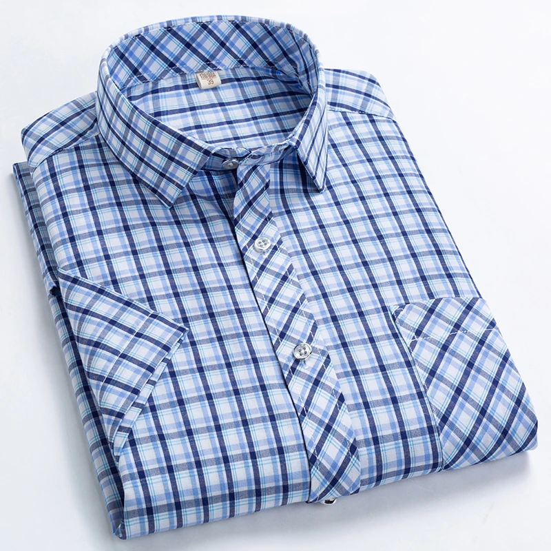 Camisas de manga corta a cuadros para hombre, camisa informal de negocios con cuello vuelto a rayas, alta calidad, Verano