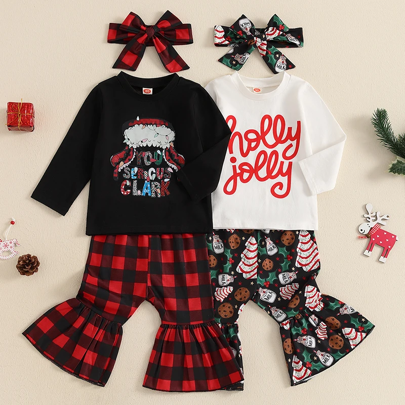 2024-07-02 Lioraitiin Baby Girl 3Pcs Christmas Outfits Long Sleeve Hat/Letter Print Tops + Pants + Headband Set Toddler Clothes