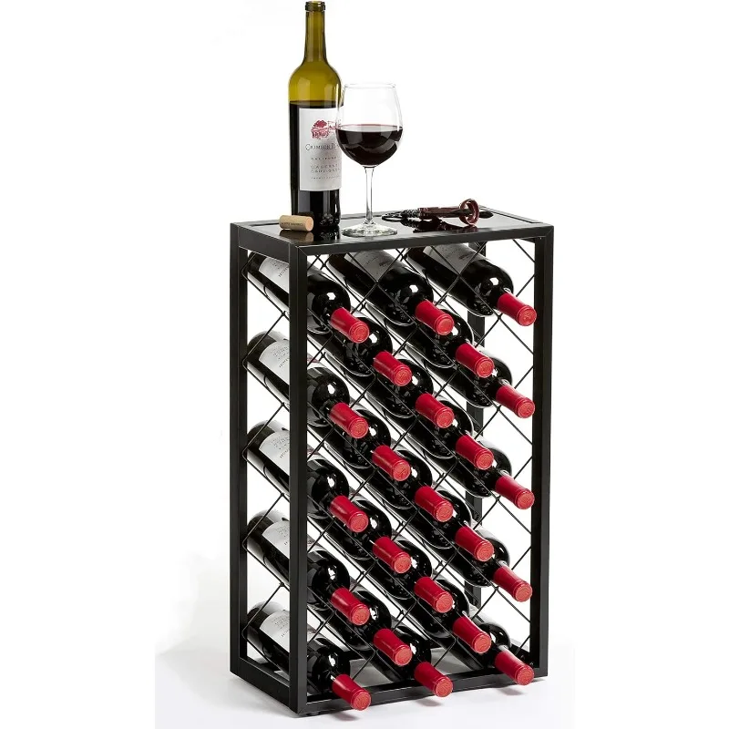 23 Bottle Black Wine Rack with Glass Top Shelf, Free Standing for Home, Kitchen and Bar