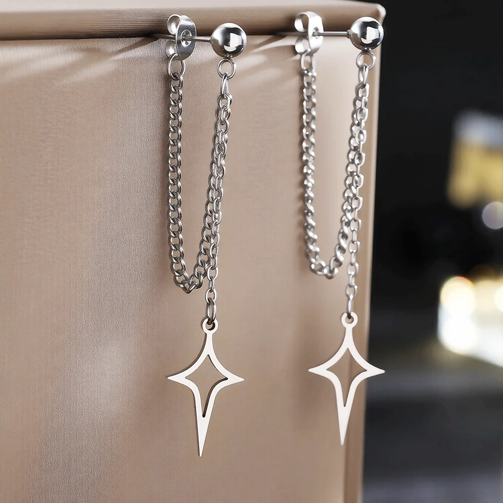 Stainless Steel New Hollow Star Pendant Earrings With Chain Fashionable Long Fringe Earrings Suitable For Women's Everyday Wear