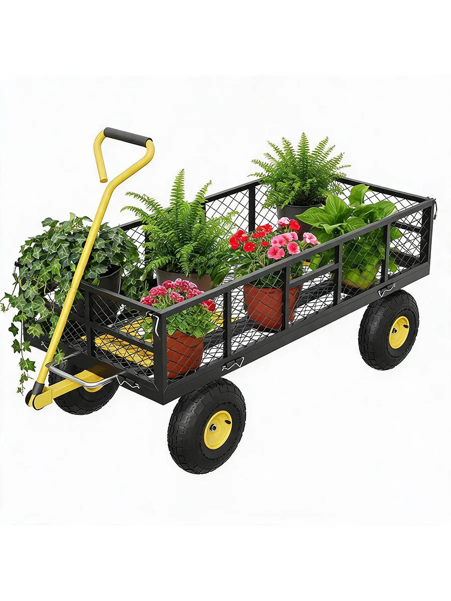900 LBS Schwerlast-Gartenwagen aus Stahl mit abnehmbaren Seitenwänden, 10-Zoll-Luftreifen & 180°-Drehgelenk °   Drehbarer Griff für Garten- und Landschaftsbau, Grün/Schwarz