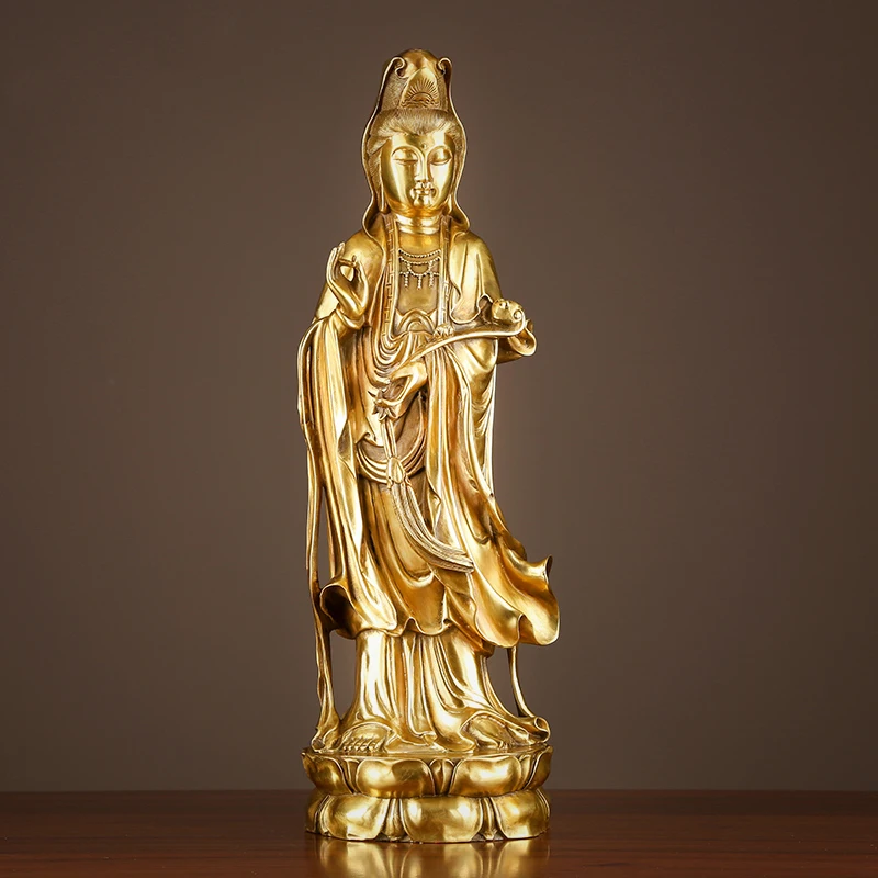 Gold Brass Guanyin Avalokitesvara Statue Tibetan Buddhism Goddess Sculpture Detailed Art Large