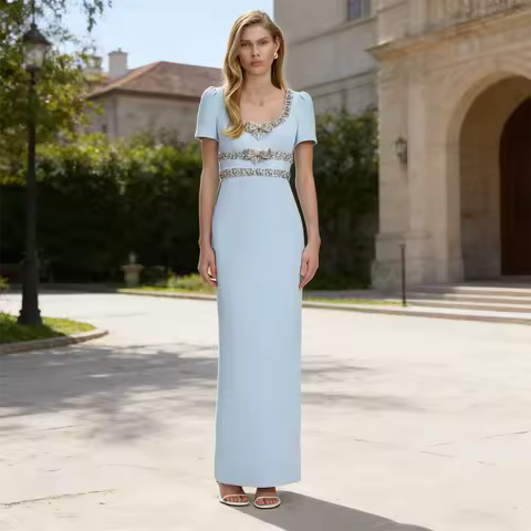 Pale Blue Scoop Collar Short Sleeve Evening Dress Fashion Crystal Bow Straight Ankle Length Prom Gown Party Dress Customized