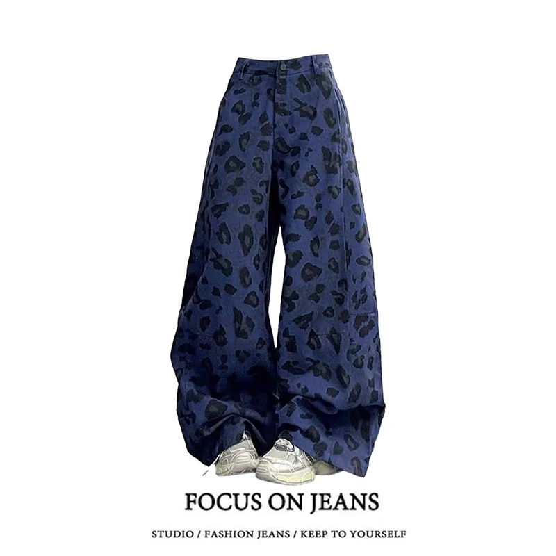 

ZHIZOU женские синие леопардовые мешковатые джинсы Y2k Harajuku винтажные широкие джинсовые брюки 90-х годов японский стиль 2000-х годов большие джинсы брюки