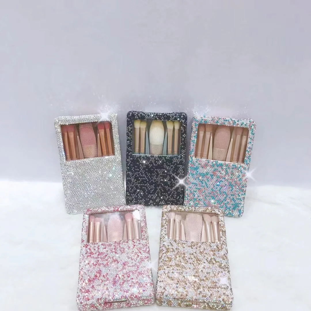 Makeup Brush Set with Mirror Lid Storage Box Rhinestones Dustproof Eyeshadow Loose Powder Smudge Soft Portable Gifts 5Pcs